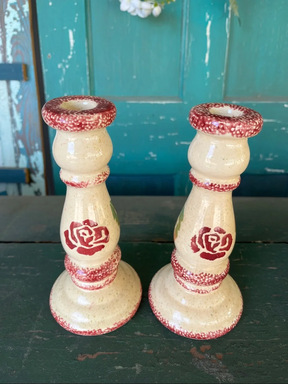 Vintage ceramic taper candle holders with a cream spongeware finish